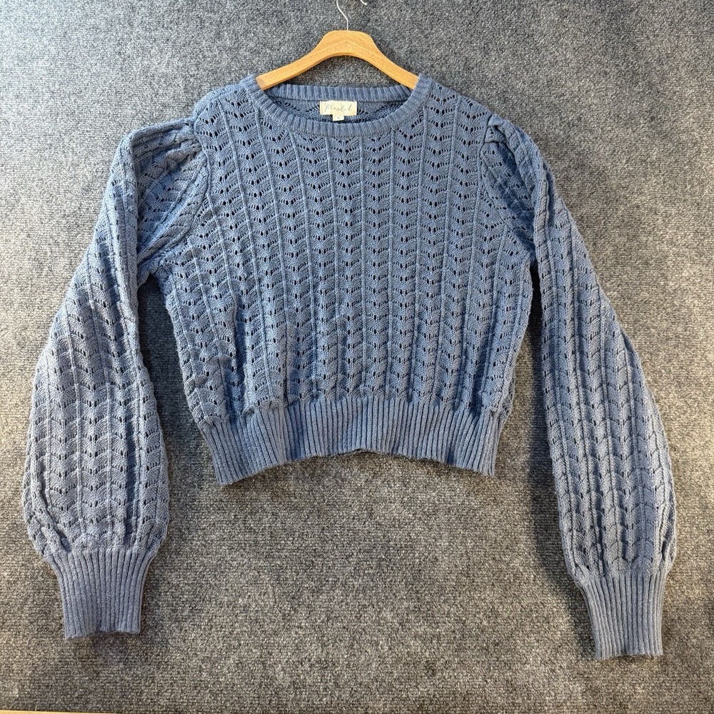 Marled Blue Pointelle Puff Sleeve Cropped Sweater Women's Large Cottagecore
